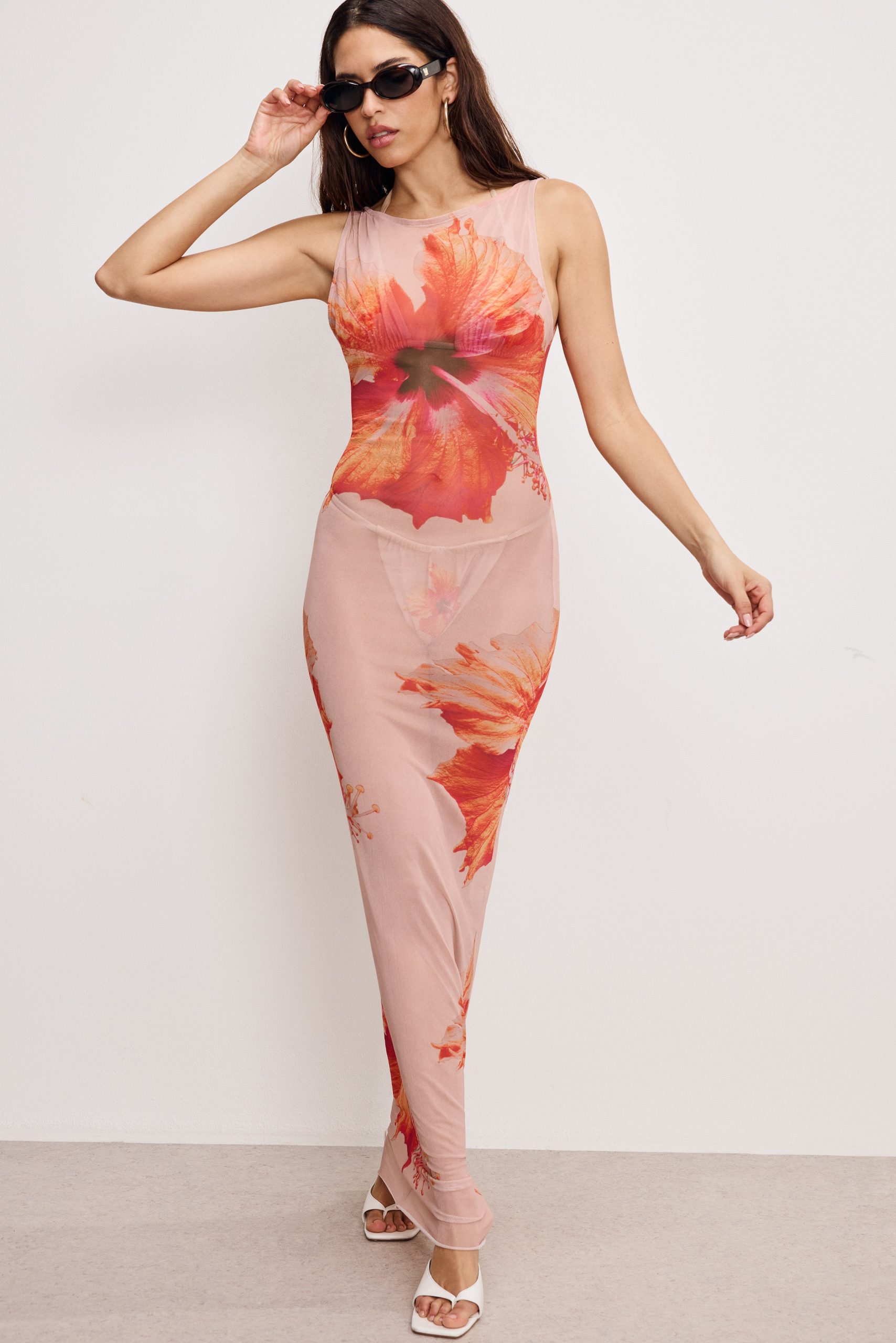 GAUZE MESH MAXI DRESS | MAUVE TROPICAL HIBISCUS001 - Image 5