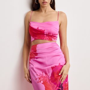 SATIN DRAPED CROP TOP | PINK HIBISCUS002
