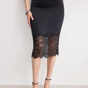 SATIN LACE SLIP MIDI SKIRT | BLACK001