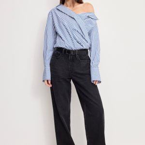 OFF-SHOULDER POPLIN BODYSUIT | INDIGO STRIPE