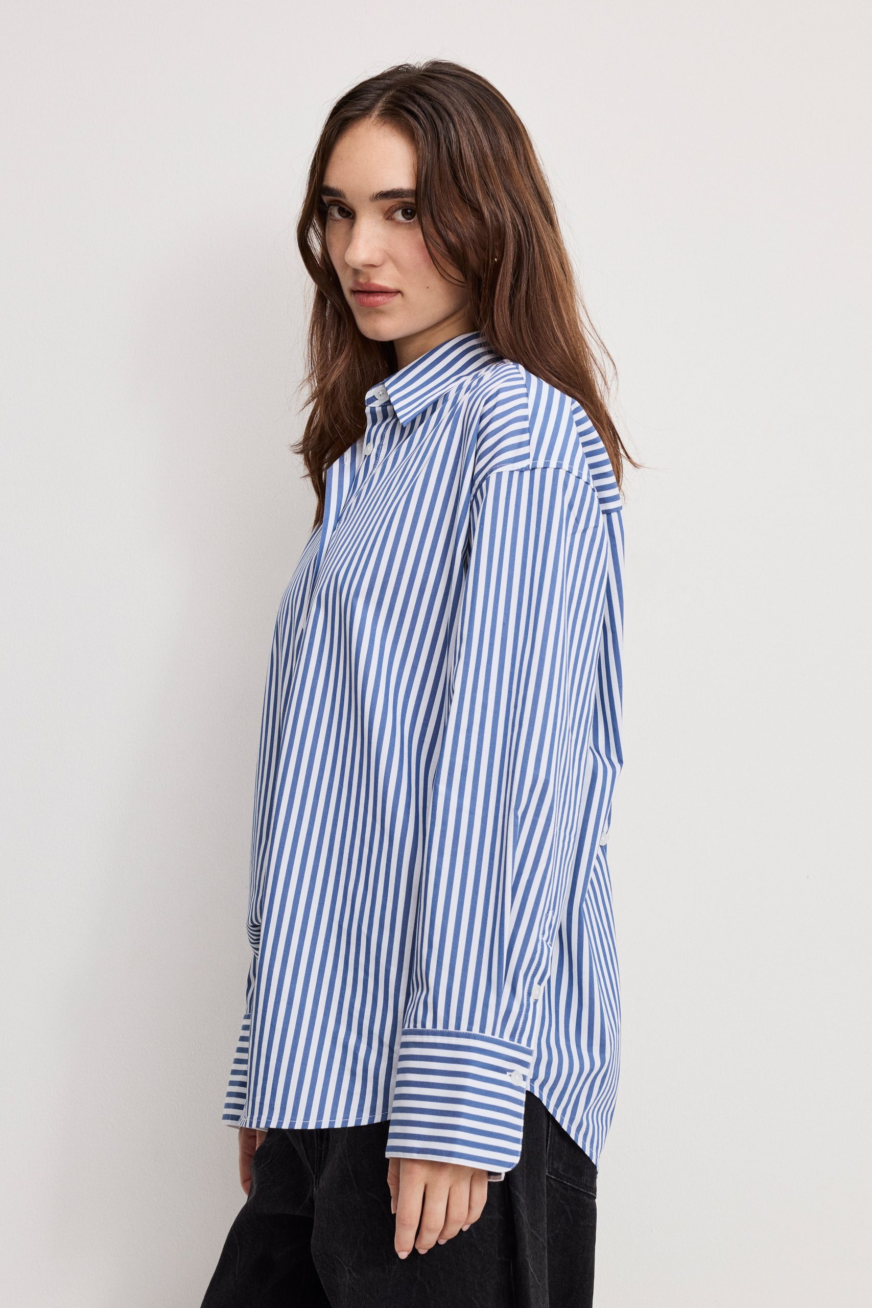 POPLIN OVERSIZED SHIRT W BUTTON ADJUSTABLE WAIST | INDIGO STRIPE - Image 3