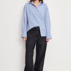 POPLIN OVERSIZED SHIRT W BUTTON ADJUSTABLE WAIST | INDIGO STRIPE
