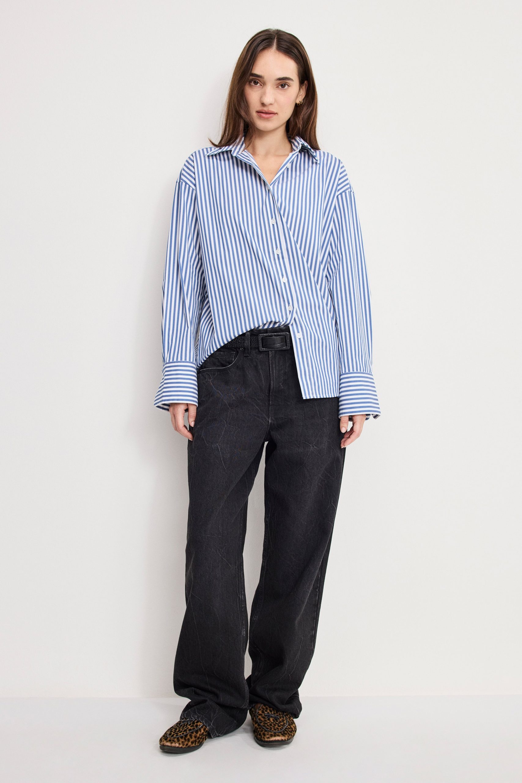 POPLIN OVERSIZED SHIRT W BUTTON ADJUSTABLE WAIST | INDIGO STRIPE
