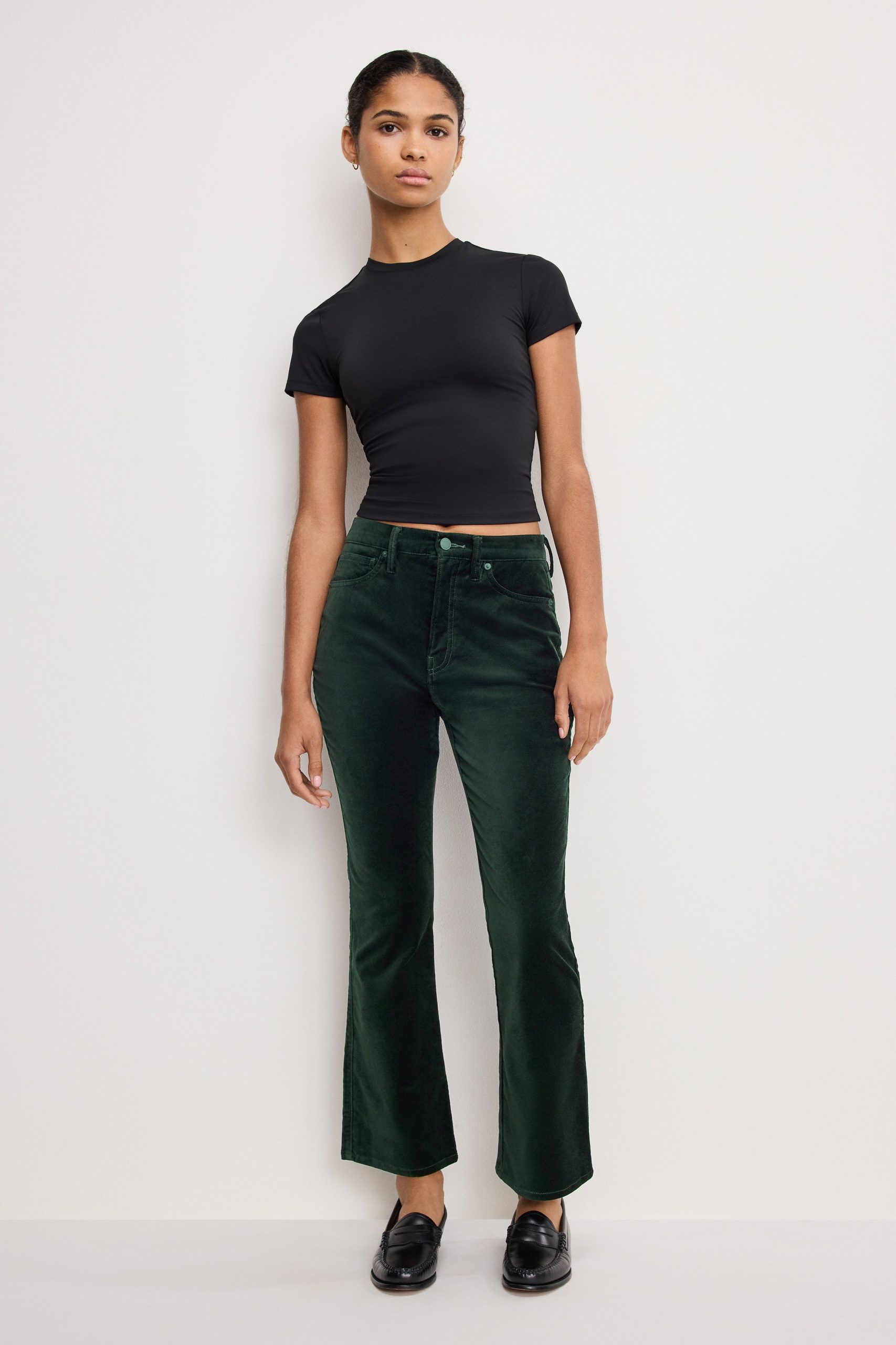 VELVET GOOD HIGH RISE KICK FLARE PANTS | PINE GREEN003