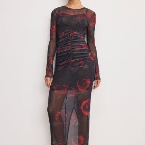 MESH RUCHED MAXI DRESS | MOODY RED ROSES001