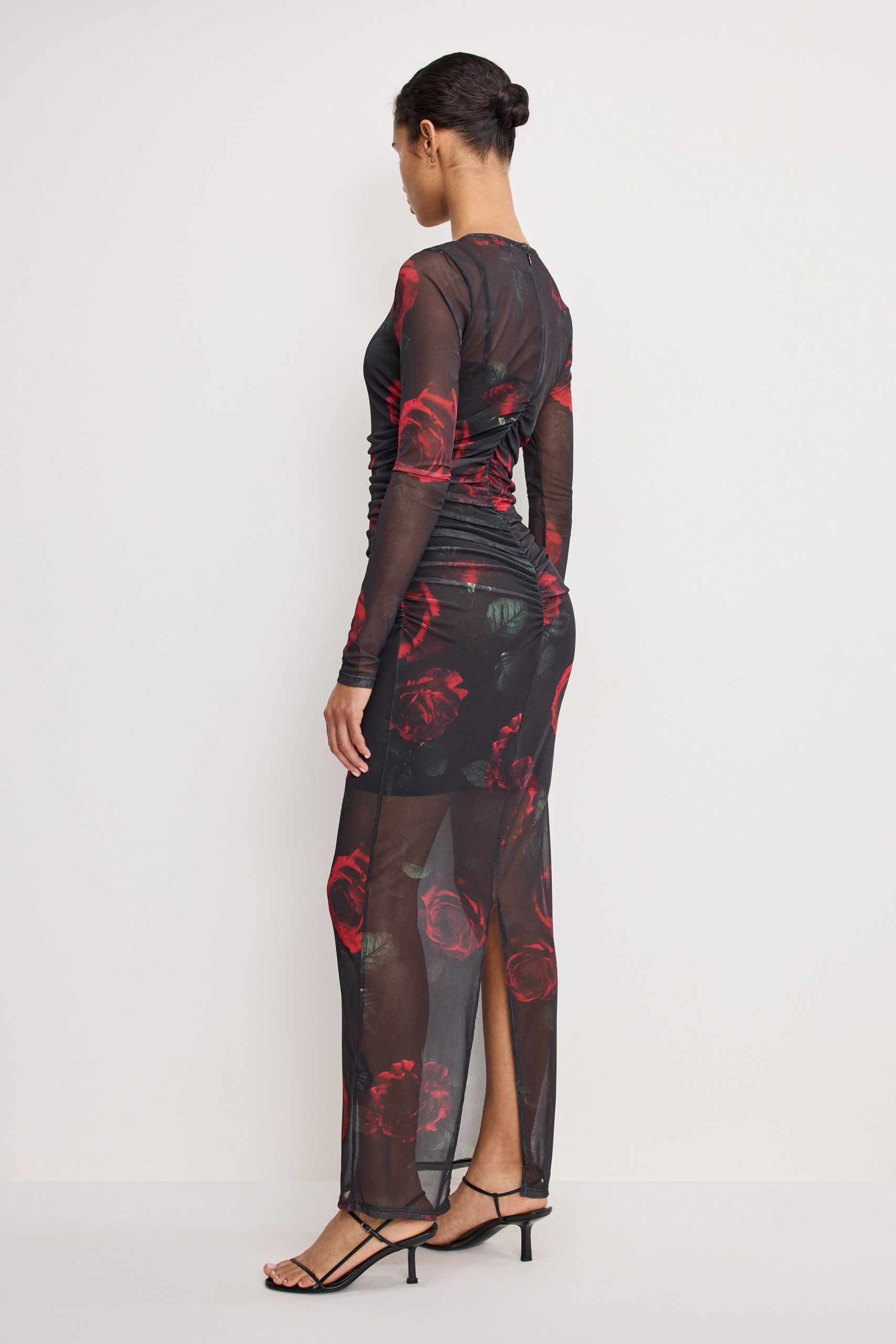 MESH RUCHED MAXI DRESS | MOODY RED ROSES001 - Image 3