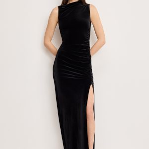 VELVET HIGH NECK MAXI DRESS | BLACK001