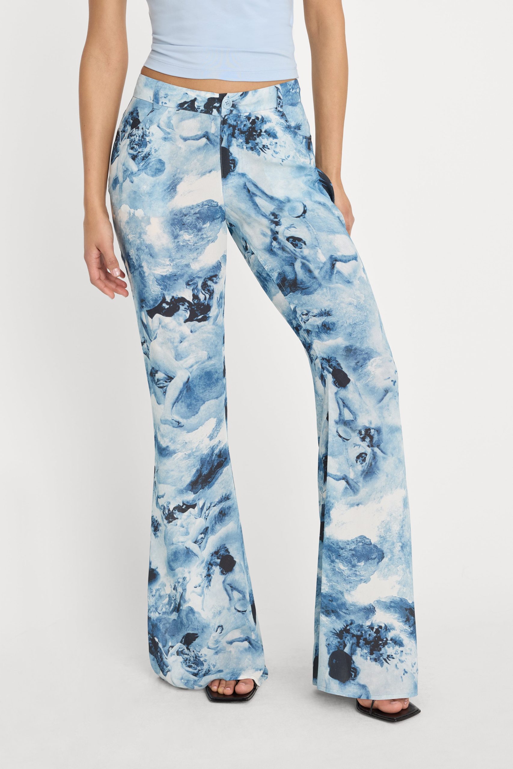 V WAIST CHIFFON FLARE PANTS | BLUE ANGEL PRINT - Image 2
