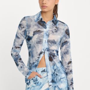 MESH BUTTON UP TOP | BLUE ANGEL PRINT