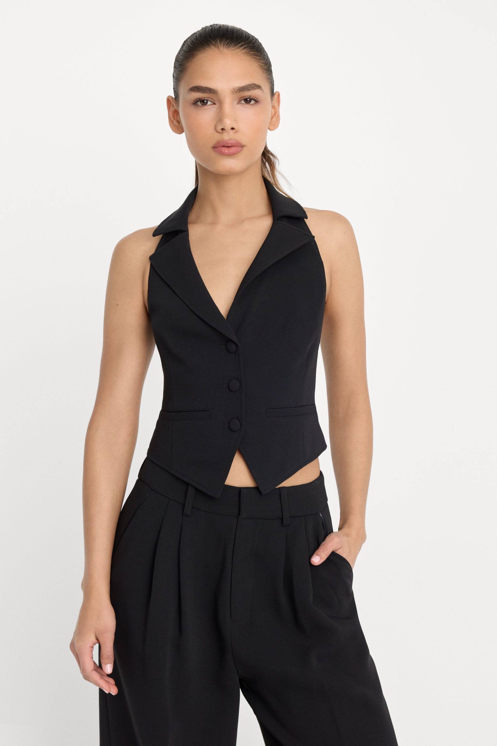 LUXE SUITING HALTER VEST | BLACK001