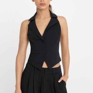 LUXE SUITING HALTER VEST | BLACK001