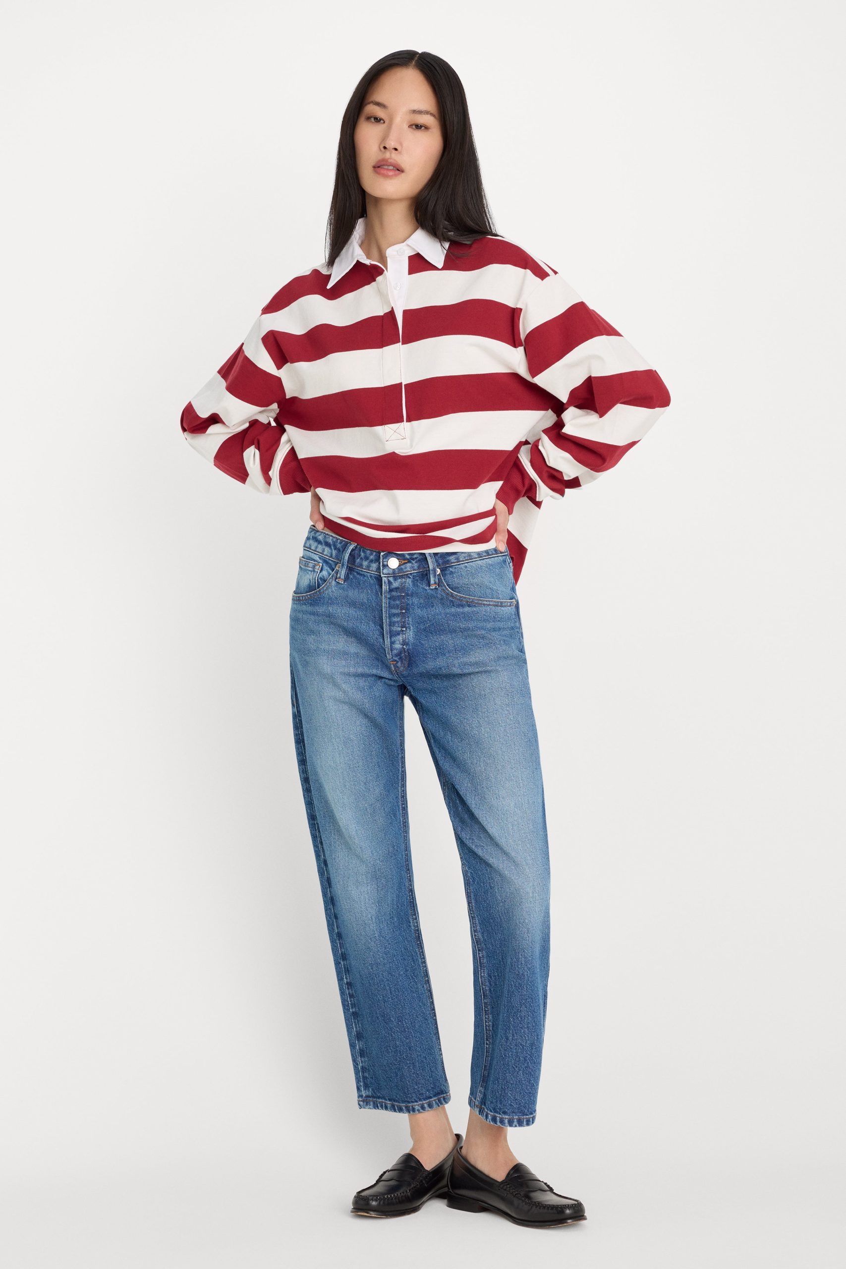 OVERSIZED RUGBY TEE | MERLOT AND CHALK RUGBY STRIPE - Image 3