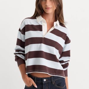 THE CROPPED RUGBY POLO | ESPRESSO SKY BLOCK STRIPE