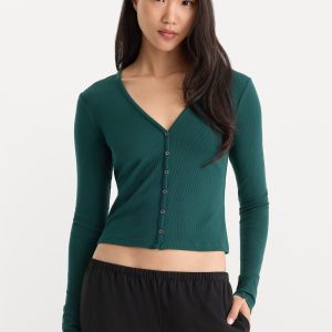THE RIB V NECK CARDIGAN | FOREST GREEN