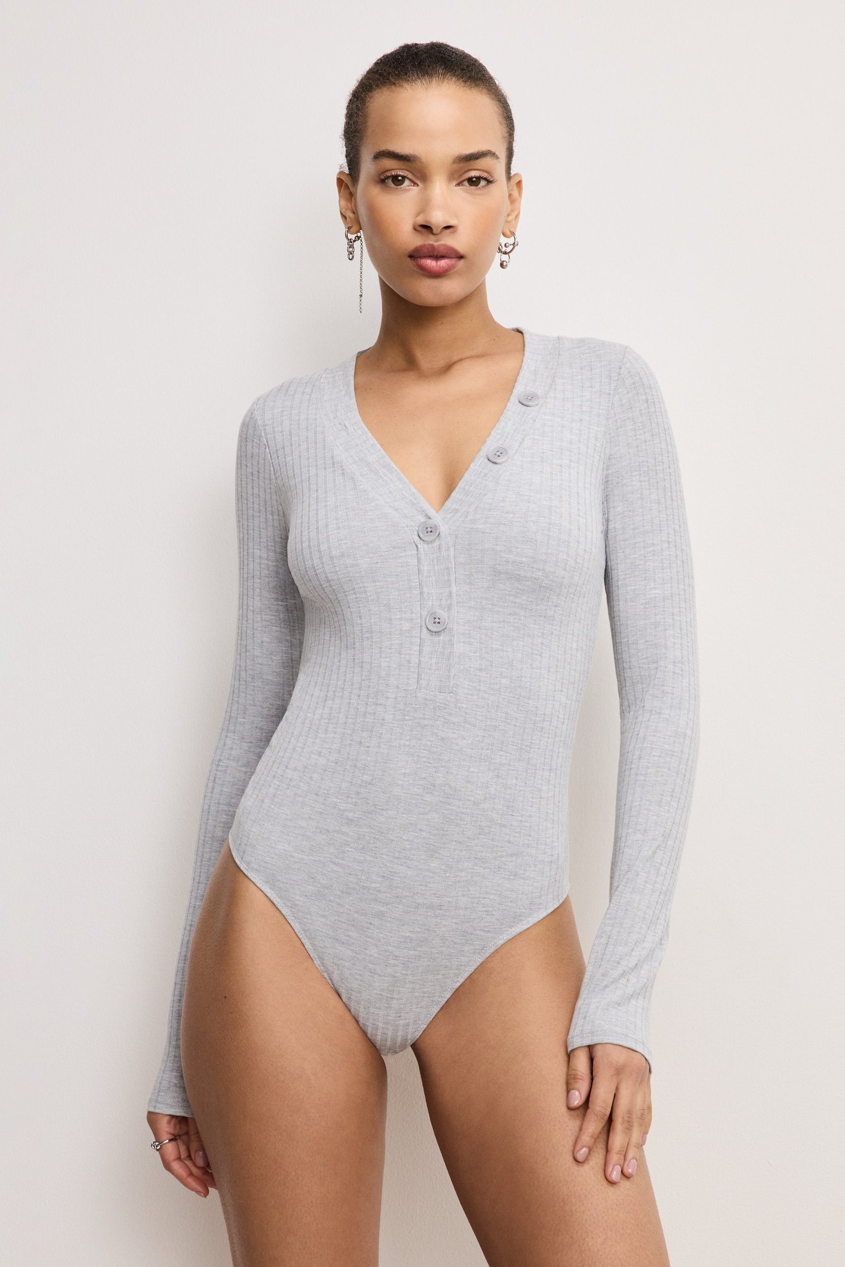 RIBBED HENLEY BODYSUIT | HEATHER GREY001 - Image 4