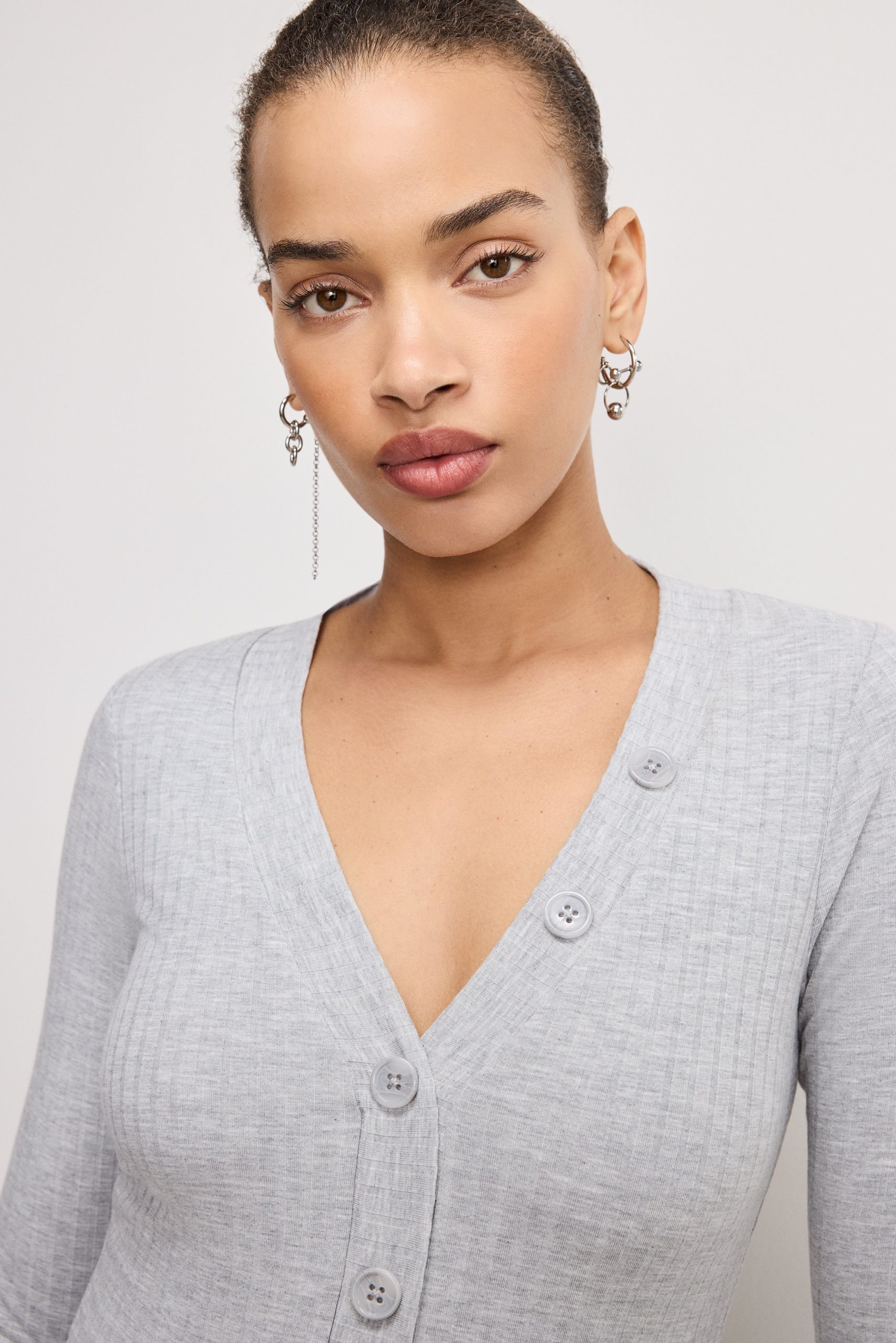 RIBBED HENLEY BODYSUIT | HEATHER GREY001 - Image 5