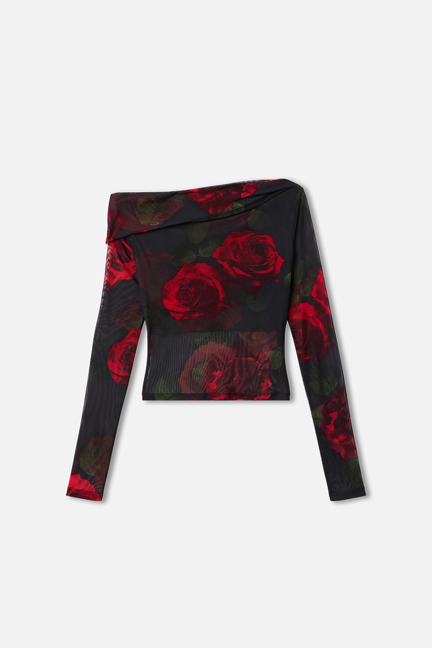 MESH RUCHED ASYMMETRIC TOP | MOODY RED ROSES001 - Image 5