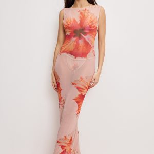 GAUZE MESH MAXI DRESS | MAUVE TROPICAL HIBISCUS001