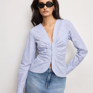 POPLIN RUCHED SHIRT | VACAY STRIPE001