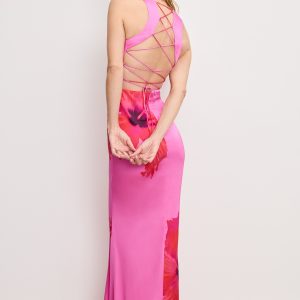 SATIN LACE UP MAXI DRESS | PINK HIBISCUS002