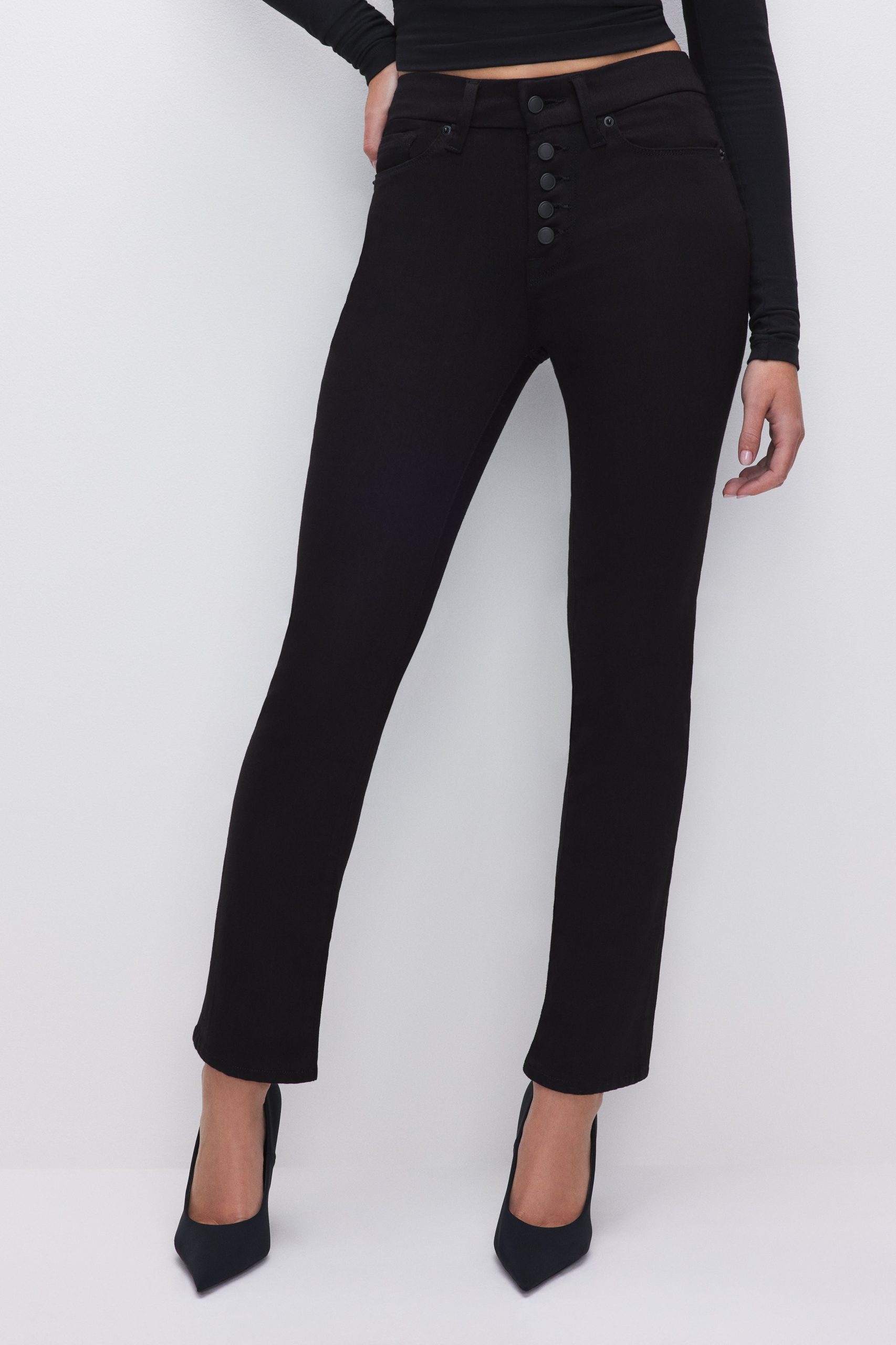 NEVER FADE BUTTON FRONT GOOD LEGS STRAIGHT JEANS | BLACK001